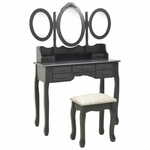 Greatstore Mizica za ličenje s stolčkom in tridelnim ogledalom siva