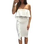 White Asymmetric Ruffle Trim Strapless Bodycon Dress 26068