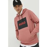 Bombažen pulover HUGO moška, roza barva, s kapuco - roza. Pulover s kapuco iz kolekcije HUGO. Model, izdelan iz tanke, elastične pletenine.
