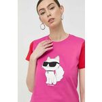 Bombažna kratka majica Karl Lagerfeld ženski, roza barva - roza. Kratka majica iz kolekcije Karl Lagerfeld, izdelana iz tanke, elastične pletenine. Model iz izjemno udobne bombažne tkanine.