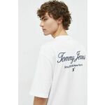 Bombažna kratka majica Tommy Jeans moški, bela barva - bela. Ohlapna kratka majica iz kolekcije Tommy Jeans, izdelana iz debele, rahlo elastične pletenine. Model iz mehke in na otip prijetne tkanine.