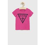 Guess otroški bombažen t-shirt - roza. T-shirt iz kolekcije Guess. Model izdelan iz tanke, rahlo elastične pletenine.