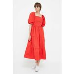 Obleka Dkny rdeča barva - rdeča. Obleka iz kolekcije Dkny. Model izdelan iz enobarvne tkanine. Model iz izjemno udobne tkanine z visoko vsebnostjo bombaža.