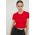 Kratka majica HUGO ženski, rdeča barva - rdeča. Kratka majica iz kolekcije HUGO, izdelana iz elastične pletenine. Model iz izjemno udobne tkanine z visoko vsebnostjo bombaža.