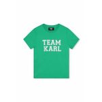 Otroška bombažna kratka majica Karl Lagerfeld turkizna barva - turkizna. Otroške kratka majica iz kolekcije Karl Lagerfeld, izdelana iz tanke, elastične pletenine. Model iz izjemno udobne bombažne tkanine, ki je zračna.