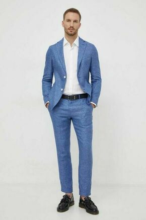 Lanene hlače BOSS - modra. Hlače iz kolekcije BOSS. Model izdelan iz vzorčaste tkanine. Model iz izjemno udobnega
