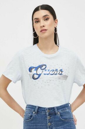 Bombažna kratka majica Guess - modra. Kratka majica iz kolekcije Guess. Model izdelan iz tanke