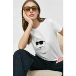 Bombažna kratka majica Karl Lagerfeld ženski, bela barva - bela. Kratka majica iz kolekcije Karl Lagerfeld, izdelana iz tanke, elastične pletenine. Model iz izjemno udobne bombažne tkanine.