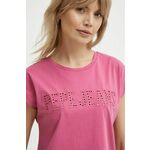 Bombažna kratka majica Pepe Jeans LILITH ženska, roza barva, PL505837 - roza. Kratka majica iz kolekcije Pepe Jeans, izdelana iz pletenine, prijetne na otip. Lahkoten in prijeten material, namenjen toplejšim letnim časom.