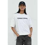 Bombažna kratka majica Tommy Jeans moški, bela barva - bela. Kratka majica iz kolekcije Tommy Jeans, izdelana iz pletenine s potiskom. Model iz zračne bombažne tkanine.