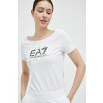 Kratka majica EA7 Emporio Armani ženski, bela barva - bela. Kratka majica iz kolekcije EA7 Emporio Armani. Model izdelan iz elastične pletenine. Visokokakovosten, udoben material.