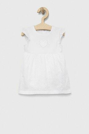 Obleka za dojenčka Guess bela barva - bela. Obleka za dojenčke iz kolekcije Guess. Nabran model izdelan iz kombinacija dveh različnih materialov. Izjemno udoben material