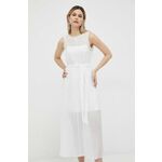 Obleka Armani Exchange bela barva - bela. Obleka iz kolekcije Armani Exchange. Nabran model izdelan iz enobarvne tkanine. Lahek material, namenjen za toplejše letne čase.