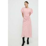 Obleka Victoria Beckham roza barva - roza. Obleka iz kolekcije Victoria Beckham. Model izdelan iz enobarvne tkanine. Model iz zračne viskozne tkanine.