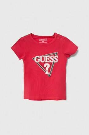 Otroška kratka majica Guess roza barva - roza. Otroške kratka majica iz kolekcije Guess. Model izdelan iz pletenine
