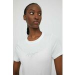 Bombažna kratka majica HUGO ženski, bela barva - bela. Kratka majica iz kolekcije HUGO, izdelana iz tanke, elastične pletenine. Model iz izjemno udobne bombažne tkanine.