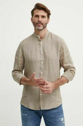 Lanena srajca BOSS BOSS ORANGE rjava barva - rjava. Srajca iz kolekcije BOSS. Model izdelan iz enobarvne tkanine. Ima stoječi ovratnik. Lahek material