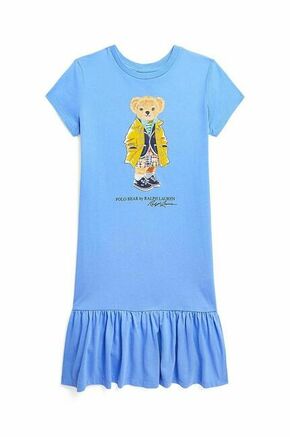 Otroška bombažna obleka Polo Ralph Lauren - modra. Otroška Obleka iz kolekcije Polo Ralph Lauren. Raven model izdelan iz pletenine s potiskom.
