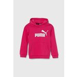 Otroški pulover Puma ESS Logo TR G roza barva, s kapuco - roza. Otroški pulover s kapuco iz kolekcije Puma, izdelan iz pletenine s potiskom. Model iz izjemno udobne tkanine z visoko vsebnostjo bombaža.