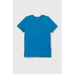 Otroška bombažna kratka majica Tommy Hilfiger - modra. Otroške kratka majica iz kolekcije Tommy Hilfiger. Model izdelan iz tanke, elastične pletenine. Model iz izjemno udobne bombažne tkanine.