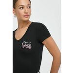 Kratka majica Guess ženski, črna barva - črna. Kratka majica iz kolekcije Guess, izdelana iz pletenine. Model iz izjemno udobne tkanine z visoko vsebnostjo bombaža.