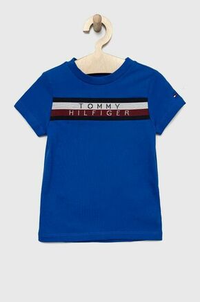 Otroška bombažna kratka majica Tommy Hilfiger - modra. Otroški Lahkotna kratka majica iz kolekcije Tommy Hilfiger. Model izdelan iz tanke