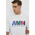 Bombažna kratka majica Armani Exchange moški, bela barva - bela. Kratka majica iz kolekcije Armani Exchange, izdelana iz pletenine s potiskom. Model iz izjemno udobne bombažne tkanine.