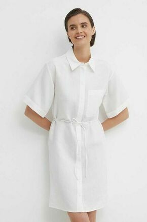 Obleka iz mešanice lana Calvin Klein bela barva