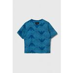 Otroška bombažna kratka majica Emporio Armani - modra. Otroške kratka majica iz kolekcije Emporio Armani, izdelana iz tanke, elastične pletenine. Model iz zračne bombažne tkanine.