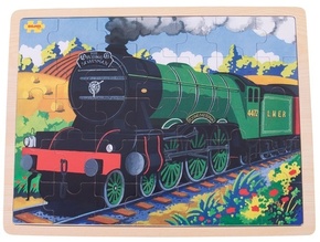 Bigjigs Toys Drevené puzzle historický vlak Flying Scotsman 35 dielikov