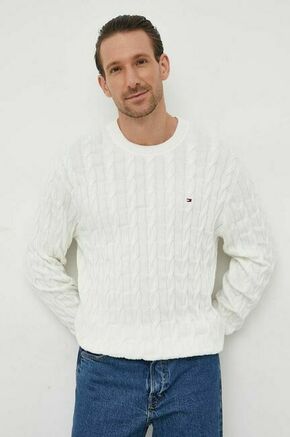 Bombažen pulover Tommy Hilfiger bela barva - bela. Pulover iz kolekcije Tommy Hilfiger. Model izdelan iz enobarvne pletenine. Model iz izjemno udobne bombažne tkanine.