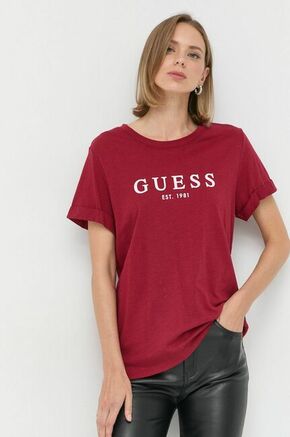 Bombažna kratka majica Guess bordo barva - bordo. Kratka majica iz kolekcije Guess. Model izdelan iz pletenine s potiskom.