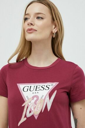Bombažna kratka majica Guess bordo barva - bordo. Kratka majica iz kolekcije Guess. Model izdelan iz tanke
