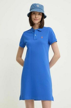 Bombažna obleka Polo Ralph Lauren - modra. Obleka iz kolekcije Polo Ralph Lauren. Model izdelan iz elastične pletenine. Model iz izjemno udobne bombažne tkanine.