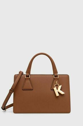 Usnjena torbica Karl Lagerfeld bež barva - rjava. Velika torbica iz kolekcije Karl Lagerfeld. Model na zapenjanje