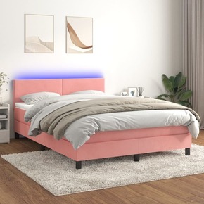 VidaXL Box spring postelja z vzmetnico LED roza 140x190 cm žamet
