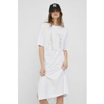 Obleka Armani Exchange bela barva, - bela. Obleka iz kolekcije Armani Exchange. Raven model izdelan iz tanke, rahlo elastične pletenine.
