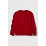 Otroški bombažen pulover Guess rdeča barva - rdeča. Otroški pulover iz kolekcije Guess, izdelan iz pletenine z nalepko. Model iz izjemno udobne bombažne tkanine.