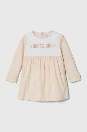 Otroška bombažna obleka Guess roza barva - roza. Za dojenčke obleka iz kolekcije Guess. Model izdelan iz pletenine s potiskom. Model iz mehke in na otip prijetne tkanine.
