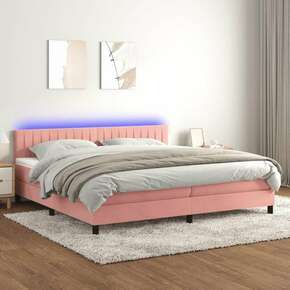 Shumee Box spring postelja z vzmetnico LED roza 200x200 cm žamet