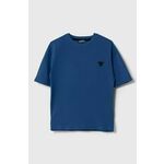 Otroška bombažna kratka majica Guess L4YI08 K8HM4 - modra. Otroška lahkotna kratka majica iz kolekcije Guess, izdelana iz pletenine, prijetne na otip. Model iz visokokakovostnega in trajnostnega materiala.