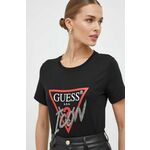 Bombažna kratka majica Guess ženski, črna barva - črna. Kratka majica iz kolekcije Guess, izdelana iz tanke, elastične pletenine. Model iz izjemno udobne bombažne tkanine, ki je zračna.