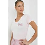 Kratka majica Guess ženski, roza barva - roza. Kratka majica iz kolekcije Guess, izdelana iz pletenine. Model iz izjemno udobne tkanine z visoko vsebnostjo bombaža.