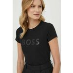Kratka majica BOSS ženski, črna barva - črna. Kratka majica iz kolekcije BOSS, izdelana iz tanke, elastične pletenine. Model iz izjemno udobne tkanine z visoko vsebnostjo bombaža.