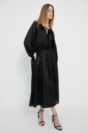 Obleka s primesjo svile Dkny črna barva - črna. Obleka iz kolekcije Dkny. Nabran model