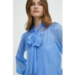 Svilena bluza Luisa Spagnoli RUNWAY COLLECTION 541119 - modra. Bluza iz kolekcije Luisa Spagnoli izdelana iz enobarvne tkanine. Model iz izjemno udobnega, visokokakovostnega materiala.