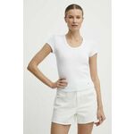 Kratka majica Tommy Hilfiger ženska, bela barva, WW0WW41776 - bela. Lahkotna kratka majica iz kolekcije Tommy Hilfiger, izdelana iz rebraste pletenine. Model iz izjemno udobne tkanine z visoko vsebnostjo bombaža.