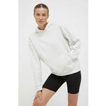 Bombažen pulover New Balance ženska, siva barva, s kapuco - siva. Pulover s kapuco iz kolekcije New Balance, izdelan iz melange pletenine. Model iz izjemno udobne bombažne tkanine.