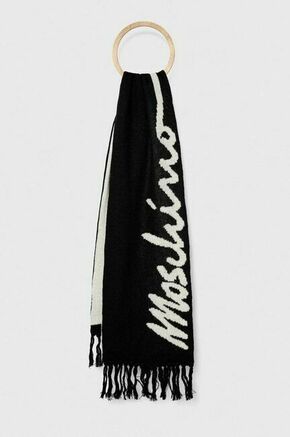 Volnen šal Moschino črna barva - črna. Šal iz kolekcije Moschino. Model izdelan iz vzorčaste pletenine.