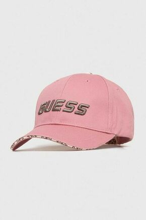 Bombažna bejzbolska kapa Guess roza barva - roza. Kapa s šiltom vrste baseball iz kolekcije Guess. Model izdelan iz materiala z nalepko.